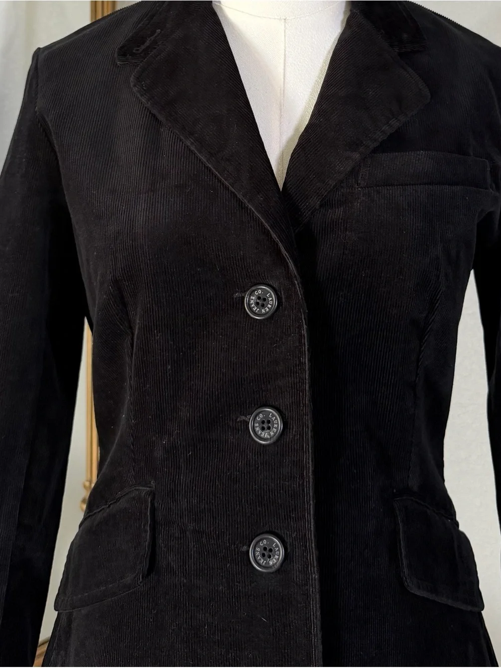 Lauren Ralph Lauren Black Fine Corduroy Fitted 3 Button Blazer Jacket Size Small